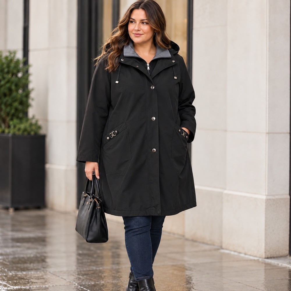 London Fog 1X Black Hooded Raincoat Trench Coat Removable Hood 37" Long